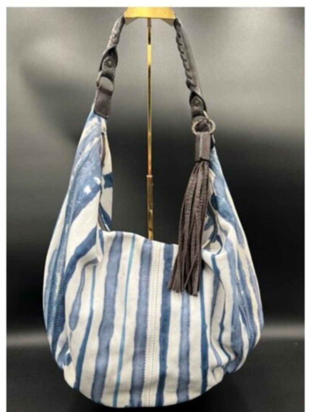 Vintage Tano Soft Leather Half Moon Striped Blue & White Hobo Bag with Tassel